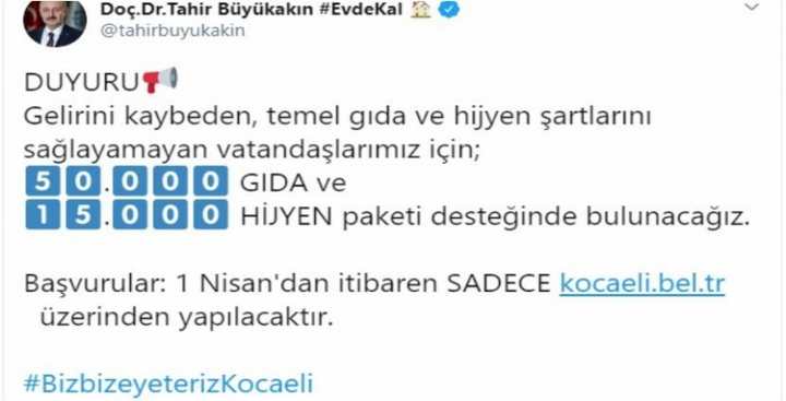 50 bin adet gıda 15 bin adet hijyen paketi desteği