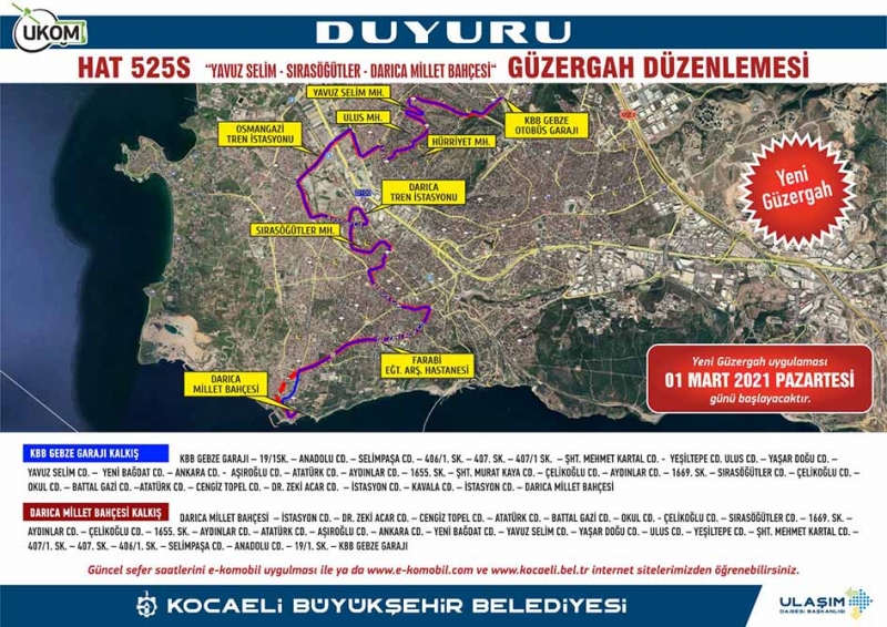 Gebze-Darıca arasında Hat 525S seferleri yarın başlıyor