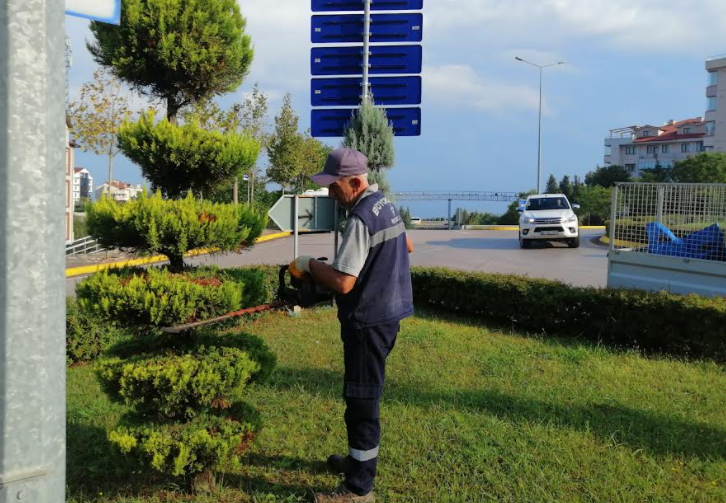 Kavşak ile yollarda ot biçimi ve form budama yapılıyor