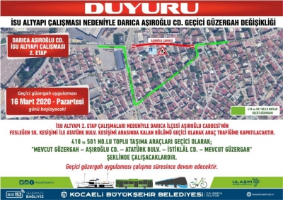 Darıca Aşıroğlu Caddesi’ne geçici trafik düzenlemesi
